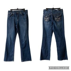 Royal Premium Bootcut Jeans Mid Rise Mid/Dark Wash Embellished Flap Pockets 10